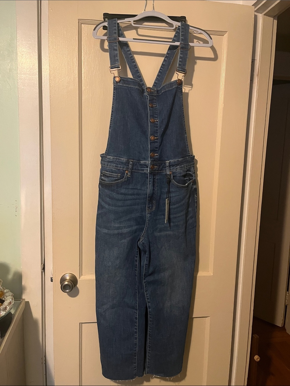 Judy Blue Medium blue overalls cropped raw hem